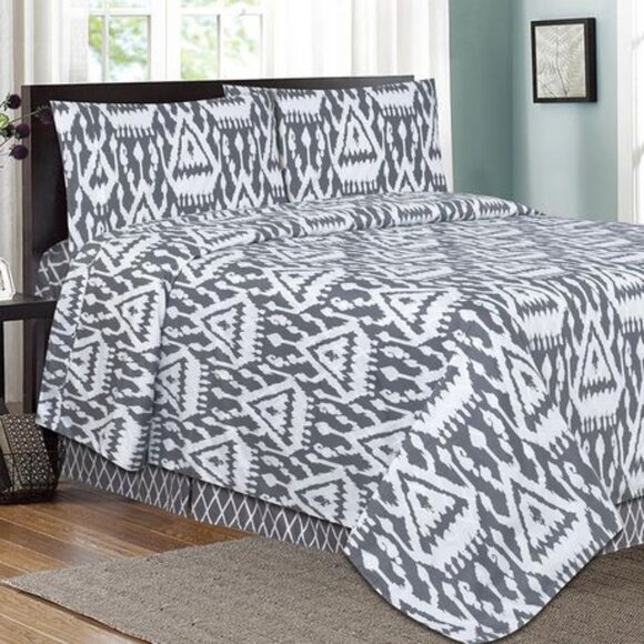 Millano Collection Pagoda 4 Piece Printed Sheet Set Grey King - Picture 1 of 4